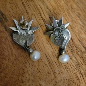 Sterling Silver Heart & Pearl Drop Earrings - Silver